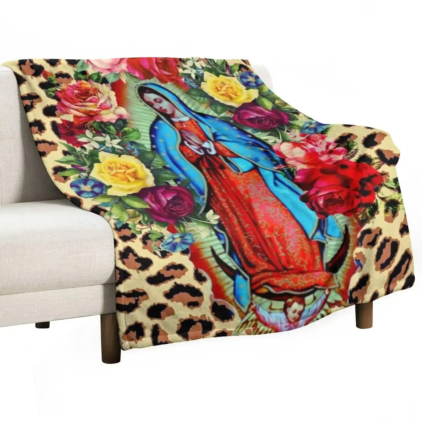 Our Lady Guadalupe on Leopard Print Throw Blanket Luxury St Multi-Purpose Camping Soft manga Personalized Gift Blankets
