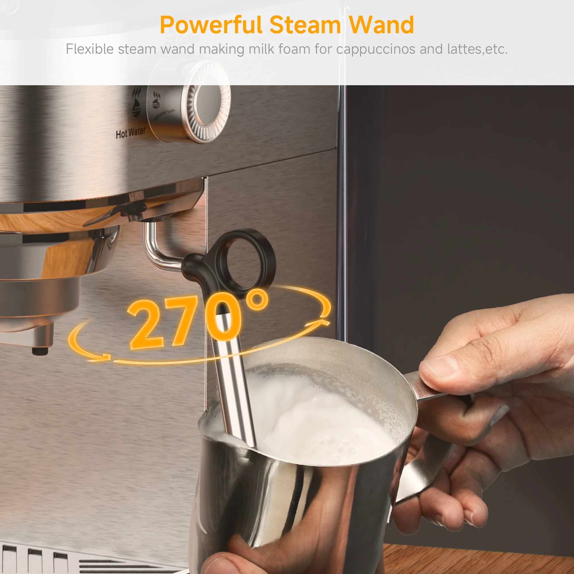 BioloMix Máquina de café en polvo semiautomática de acero inoxidable de 20 bares, con varita para espumar leche a vapor, para café expreso, capuchino