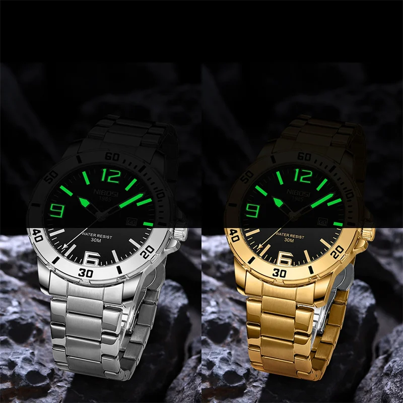 NIBOSI Fashion Mens Watches Top Brand Luxury Quartz Watch for Men Stainless Steel Waterproof Luminous Calendar Men Wristwatches