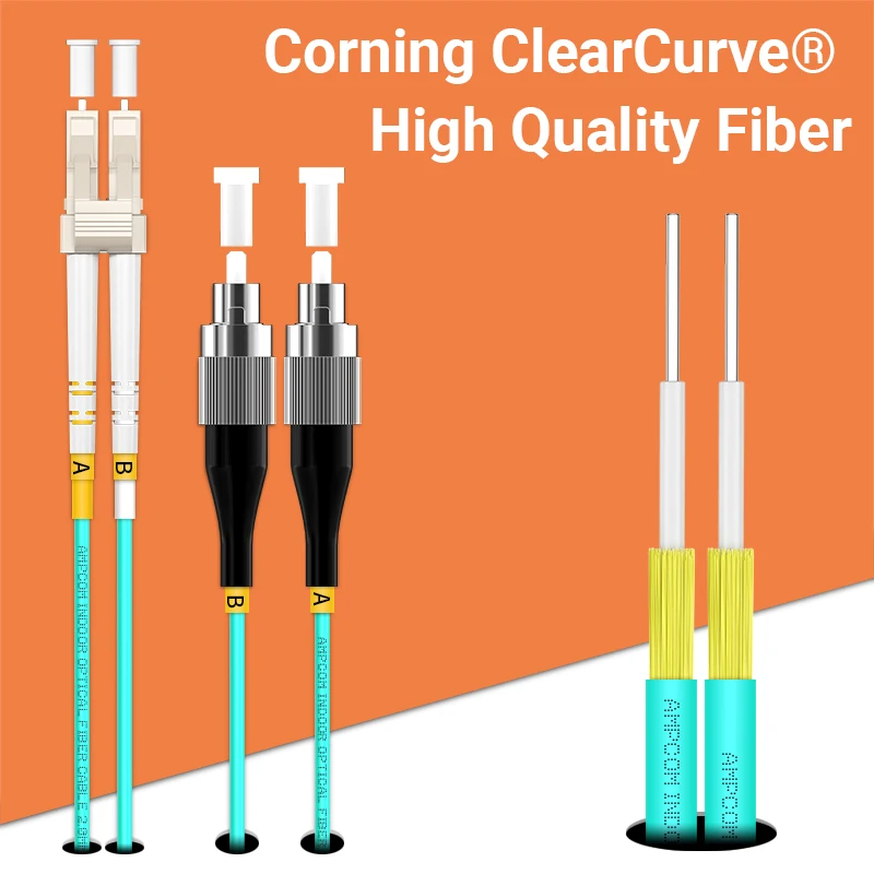 AMPCOM-OM3 LC-FC UPC 광섬유 패치 케이블, 다중 모드 이중 척도 50/125μm 10Gbps 구부러지지 않는 2.0mm 광섬유 코드