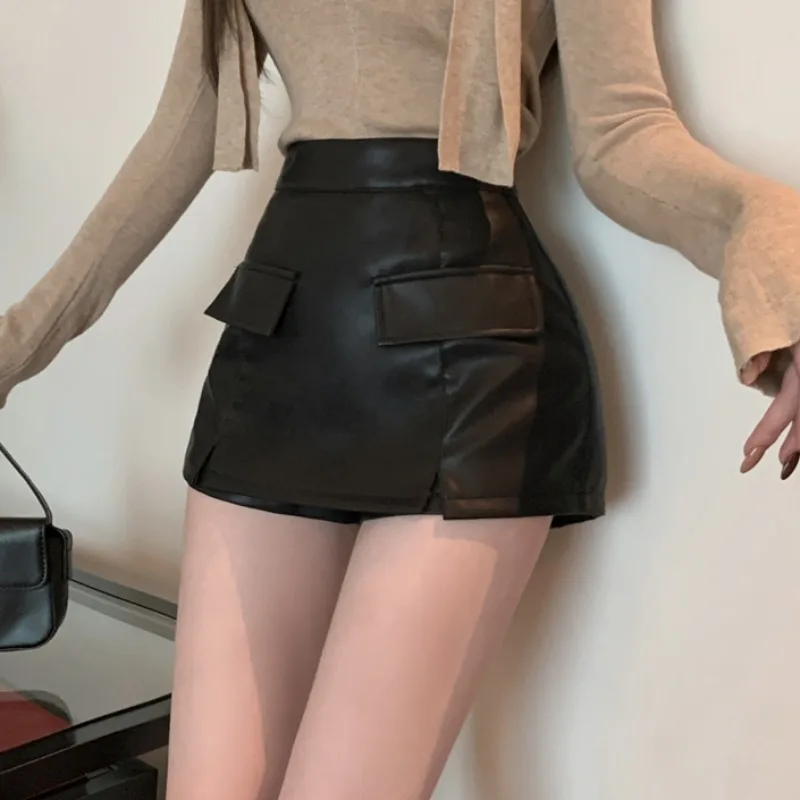 Pu Leder Mini Shorts Röcke Frauen sexy heiße All-Match Frühling Sommer Hip Wrap Empire A-Linie Ins Nachtclub Streetwear Chic weiblich