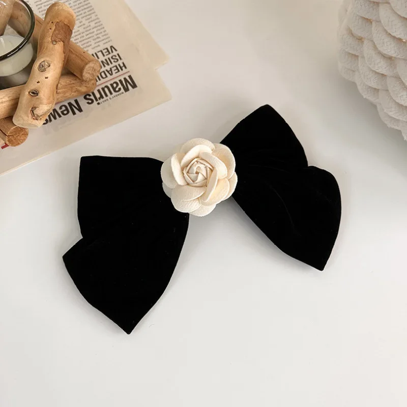 Elegant Black Velvet Hair Bows Clips White Flower Back Head Bowknot Hairpin Party Barrette Grip Headwear Korean Hair Accessories