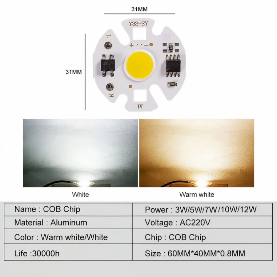 Muunnn No Need Driver LED COB Chip 220V 3W 5W 7W 10w 12w LED Chip Lamp Smart IC LED Bulb for Flood Light Cold white Warm white