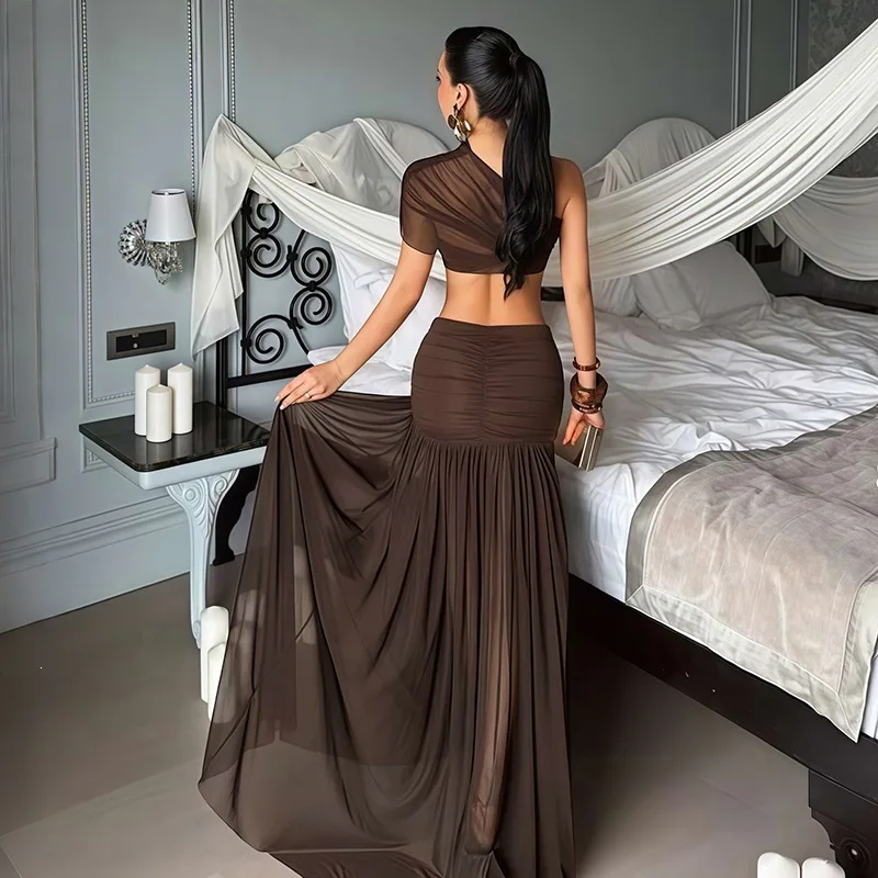 Brown One Shoulder Sheer Mesh Two Piece Set Ruched High Waist Flow Floor Length Maxi Skirt Women Vacation Club Party  Outfit view 4