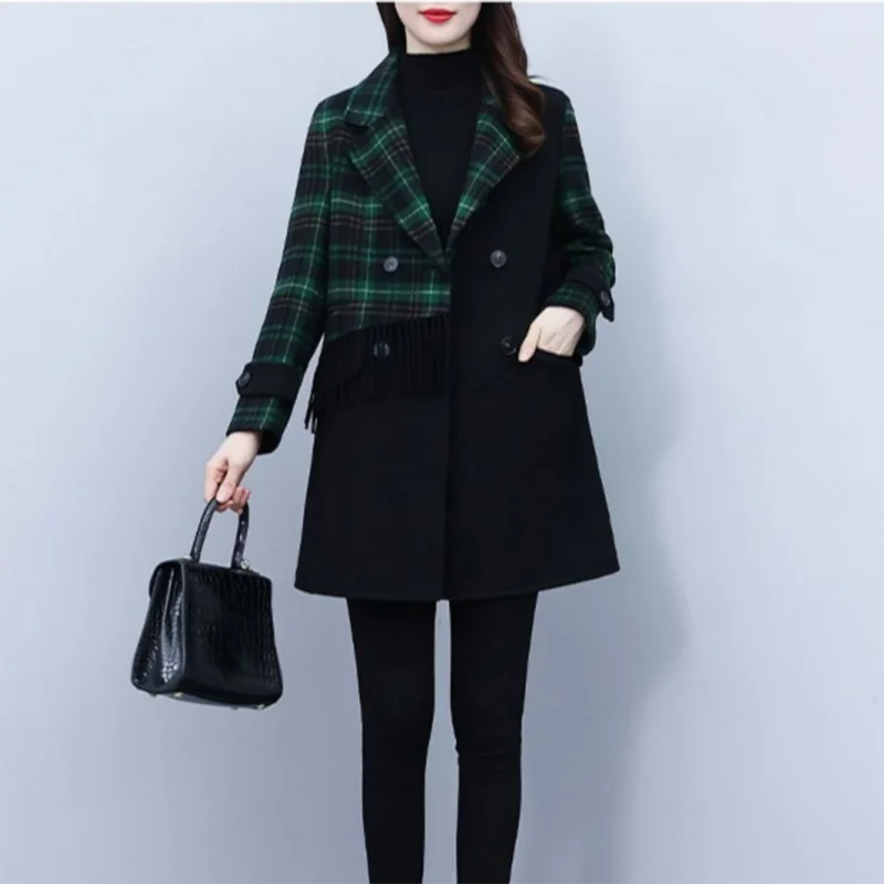 

ODFVEBX Women's Stripe Plaid Wool Coat 2024 Autumn Winter Korean Fashion Jacket Female Loose Casual Lapel Warm Woolen Overcoat