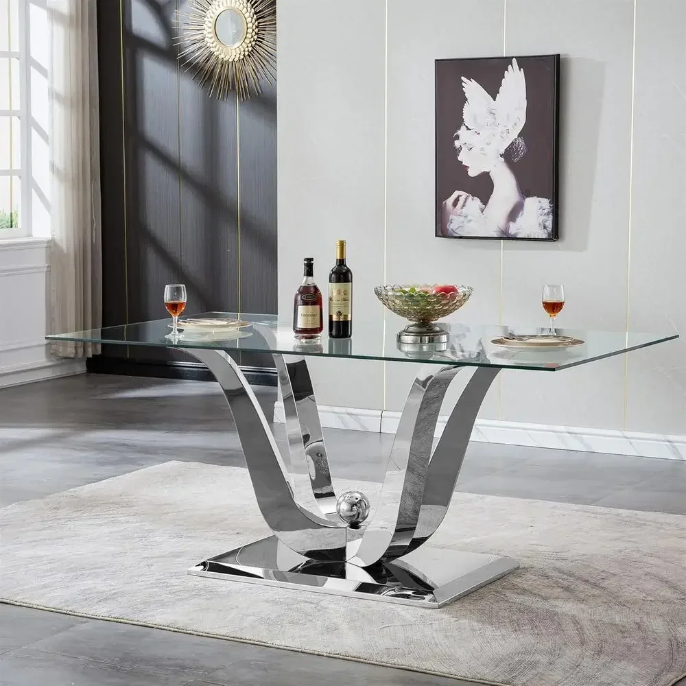 Elegant 70 Clear Glass Dining Table with Double U-Shape Stainless Steel Base for 6-8 People