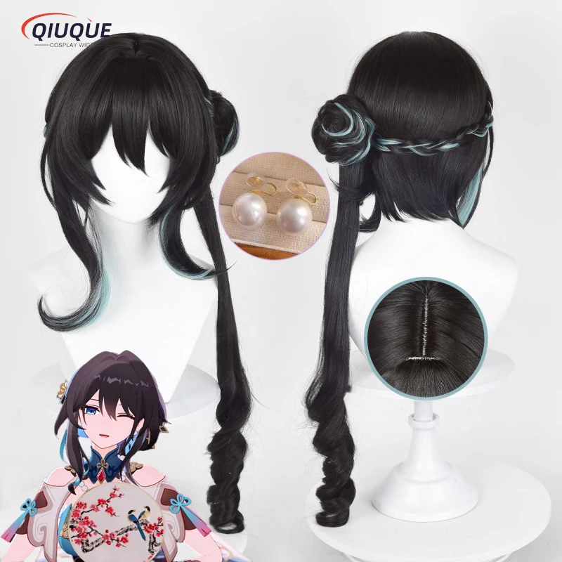 

Game Honkai Star Rail RUAN MEL Cosplay Wig Long Black Green Ponytail Heat Resistant Synthetic Hair Halloween Wigs + Wig Cap