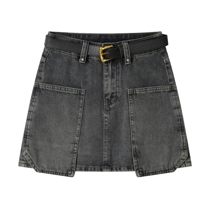 

American Style Mini Skirt Pockets High Waist Slimming Korean Fashion A-line Sexy Denim Skirts Trendy Female Clothes