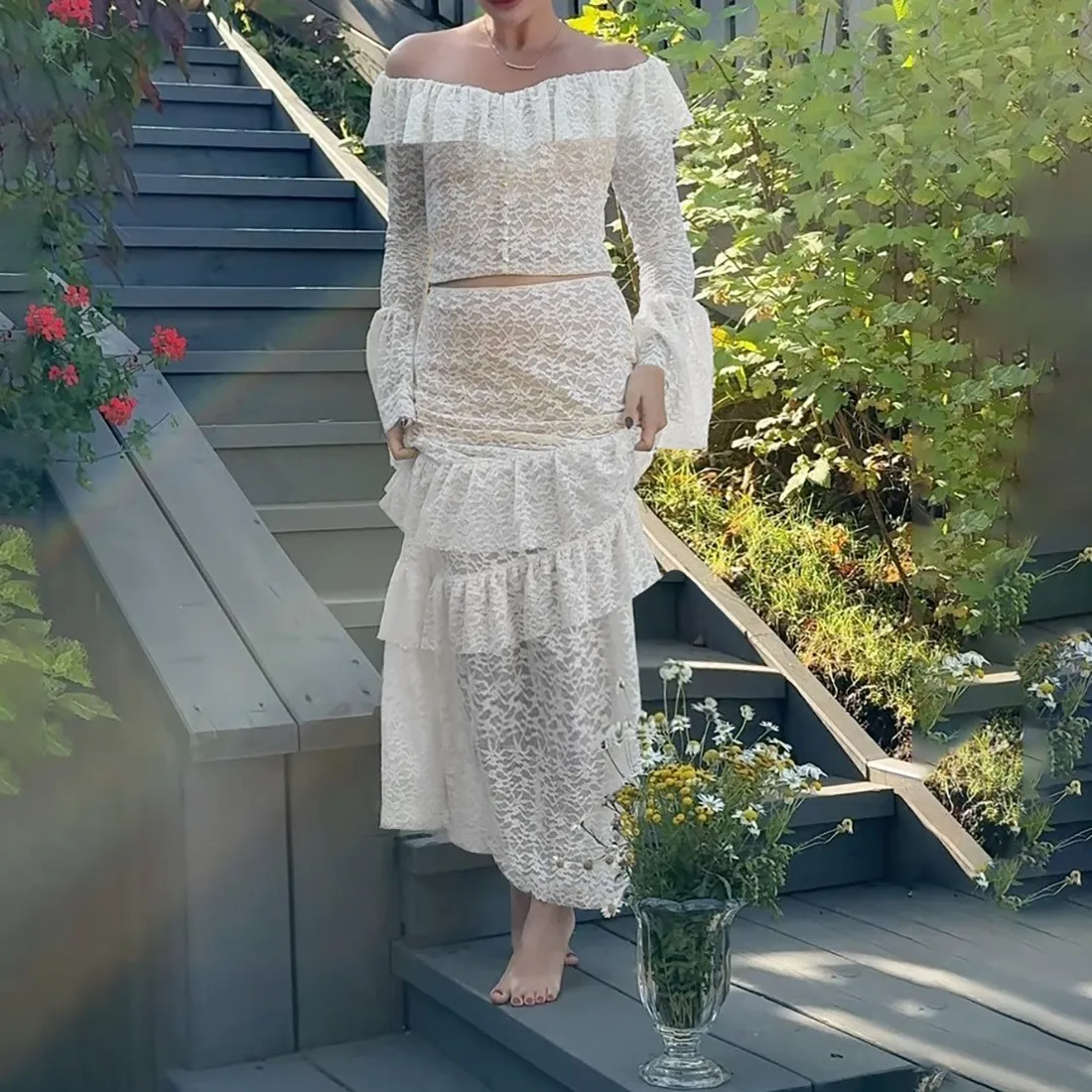 

Трансграничный комплект Sle Long Sve на одно плечо Dr Set Юбка длиной до пола с кружевной отделкой Thiened с низкой талией, весна 2026