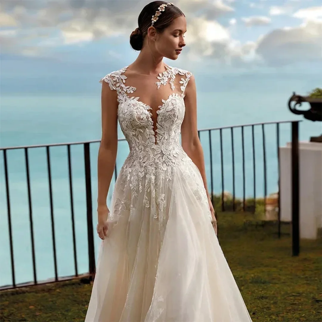 

Customized Elegant A-Line Wedding Dresses Organza Lace Bride Dress O-Neck Sleeveless Appliques Ball Gown Vestido De Noiva