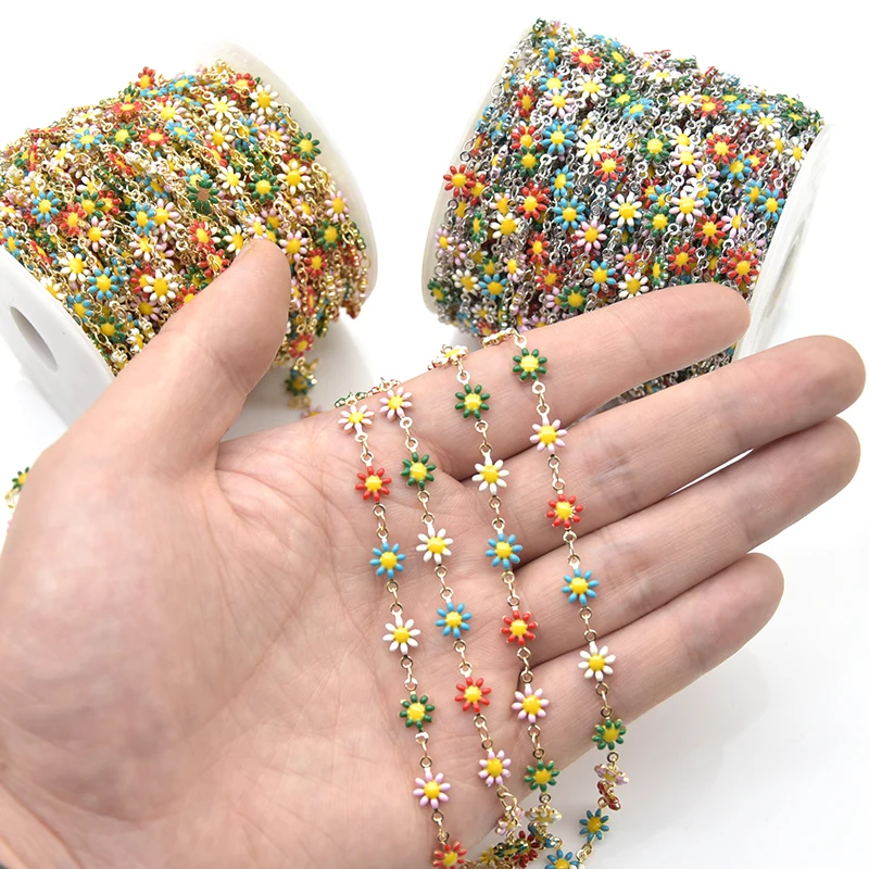 1 Meter Colorful Flower Chain Inlaid Enamel Daisy Handmade Brass Chains Link Roll with Spool for Crafts Jewelry Making
