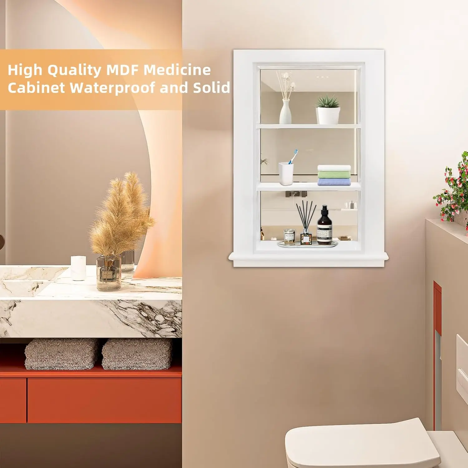 14 x 24 Recessed Medicine Cabinet, White Bathroom Wall Cabinet, 3-Tier Wall Niche with Mirror, for Bathroom Storage