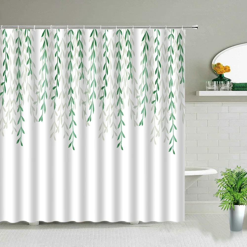 Green Leaves Printing Shower Curtain Tropical Plants Monstera Natural Scenery Bathroom Curtains With Hooks Bathtub Decor Screens