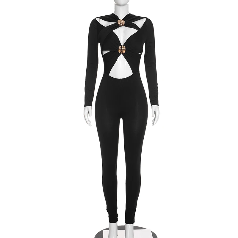 Sexy Hot Girl Crop-Top mit Lochmuster, Metallreißverschluss, Langen Ärmeln und Einfarbigen Leggings – Detail 10