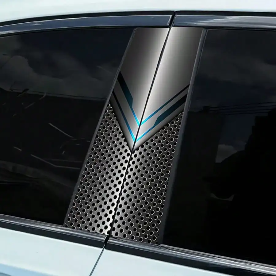 Tech Style Silver Blue V-Chevron Car Pillar Decal, Waterproof 3D Metal Texture Sticker for Car B-Pillar Post