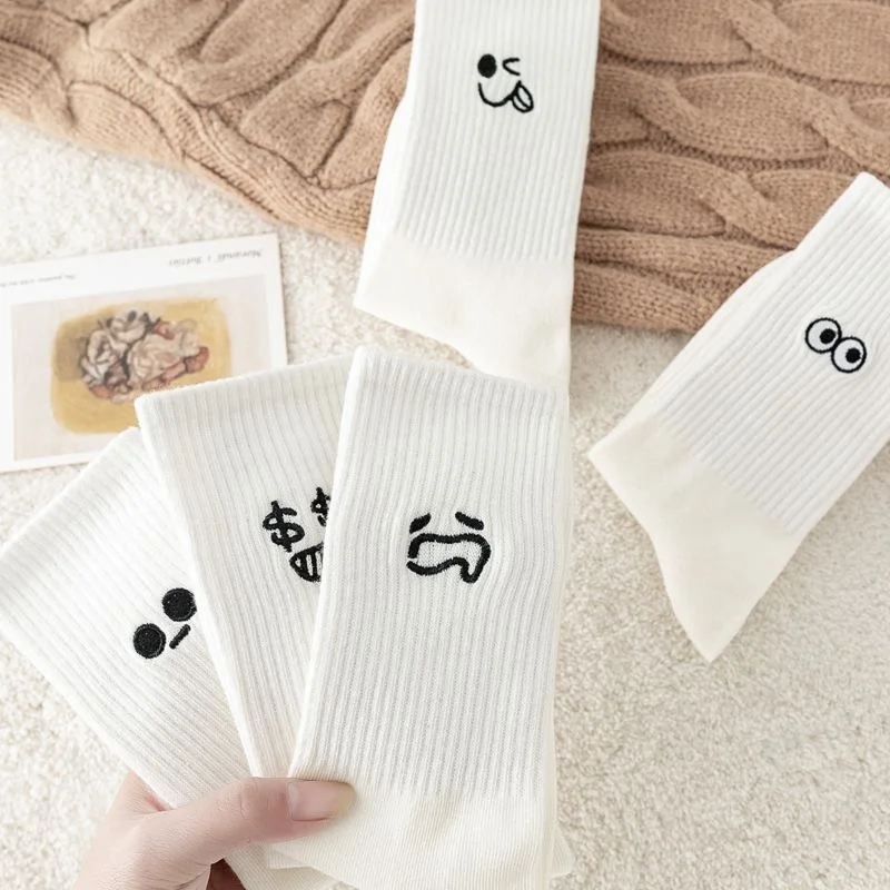 3/ 5 Pairs Women\'s Cartoon Socks Autumn Girls Cute Funny Expression Pattern Mid Tube Kawaii Casual Breathabl White Female Socks