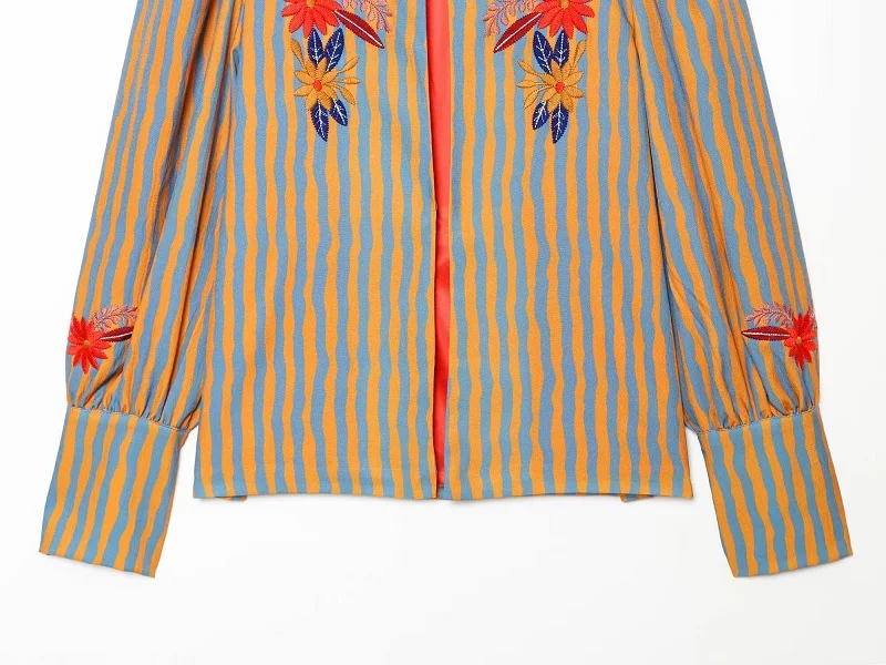 MUJER Gestreifter Damenmantel mit Stickerei, Offene Jacken für Frauen, Langarm-Freizeitjacke, Damen-Streetwear-Modejacken – Detail 7