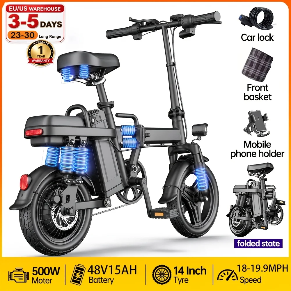 Folding Electric Bike, 500W Motor, 18-19.9MPH Top Speed, 48V 10-15AH Battery, 25-30 Miles Pedal-Assisted Range, 450LBS Max Load Capacity, Ideal For Daily Commuting And Outdoor Trips