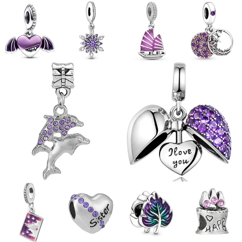 

2024 Purple Charms Love Heart Feather Diamonds Charms Beads Fit Pandora Bracelets Keychain Necklace DIY Jewelry For MOM Gift