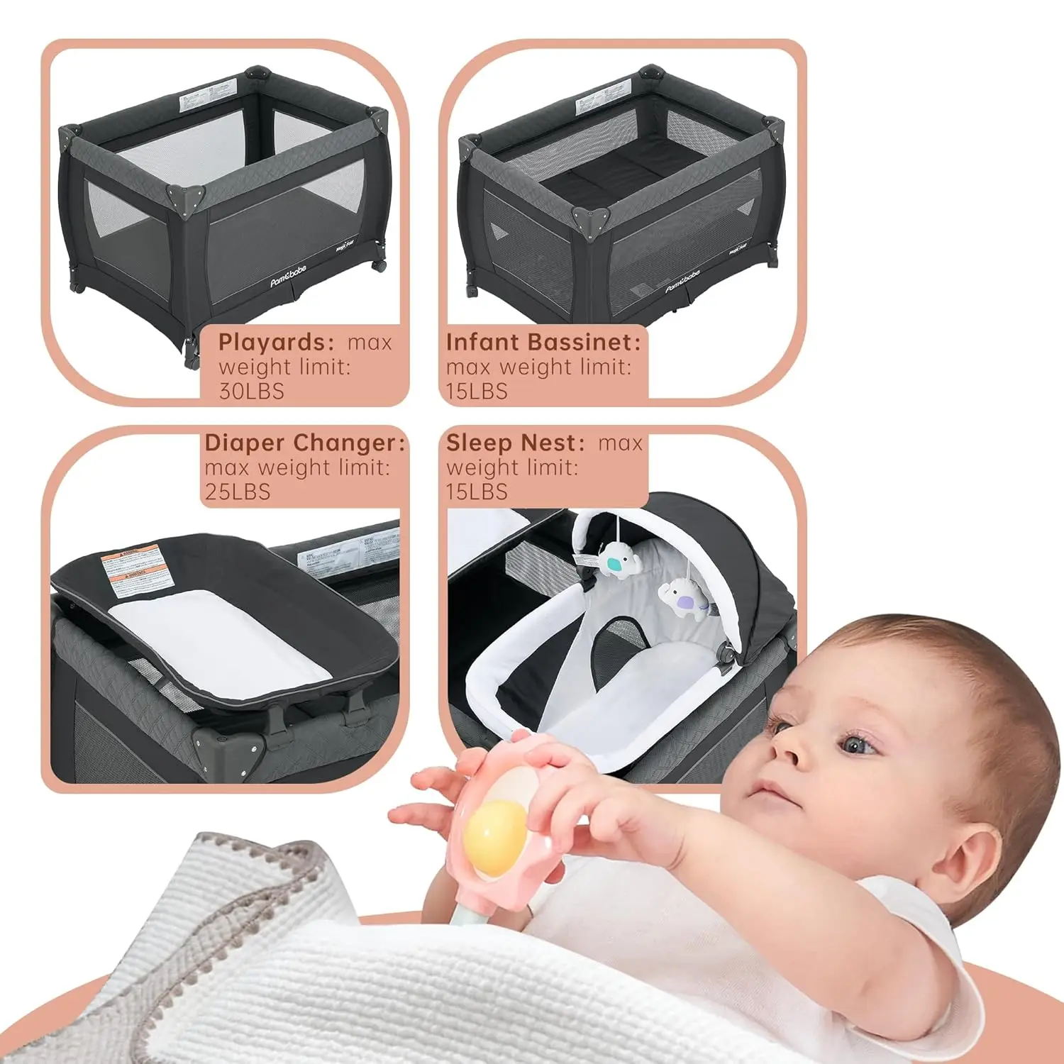 Pamo Babe Playard Magic Fold box box pieghevole per box portatile per bambini Deluxe Nursery Center con culla neonato