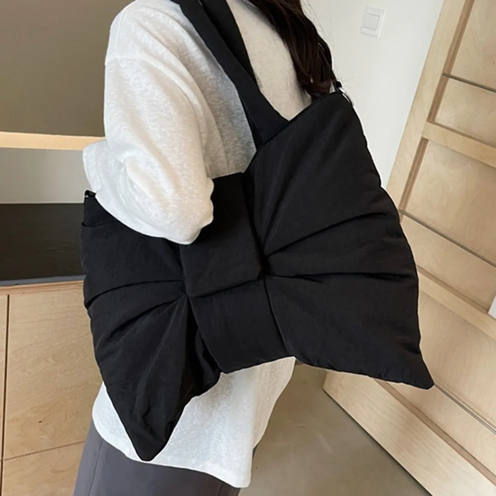 الكورية نمط Ruched Bowknot حقيبة كتف سعة كبيرة لينة النايلون مبطن حمل حقيبة التنقل القطن مبطن حقائب كروسبودي امرأة