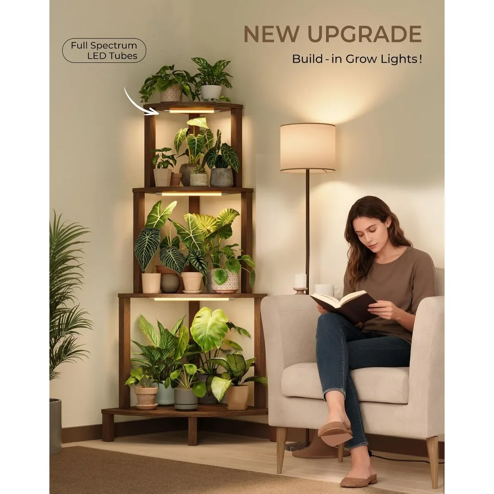 Corner Plant Stand with Grow Lights 4-Tier Indoor Wood Shelf for Living Room Balcony