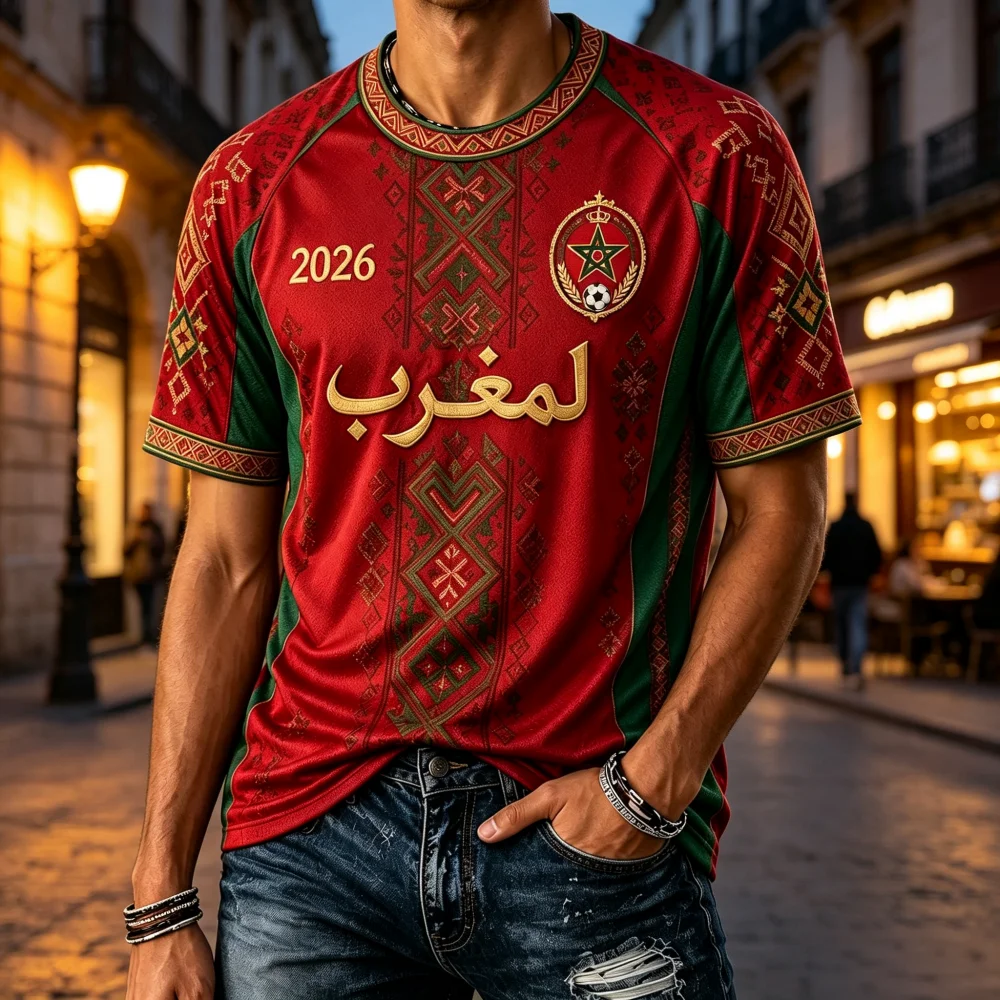 Men Morocco Arabic Text Ethnic Style Creative Soccer Jersey 3D Print Breathable Women Short Sleeve Fan Sports Family Kids Tees