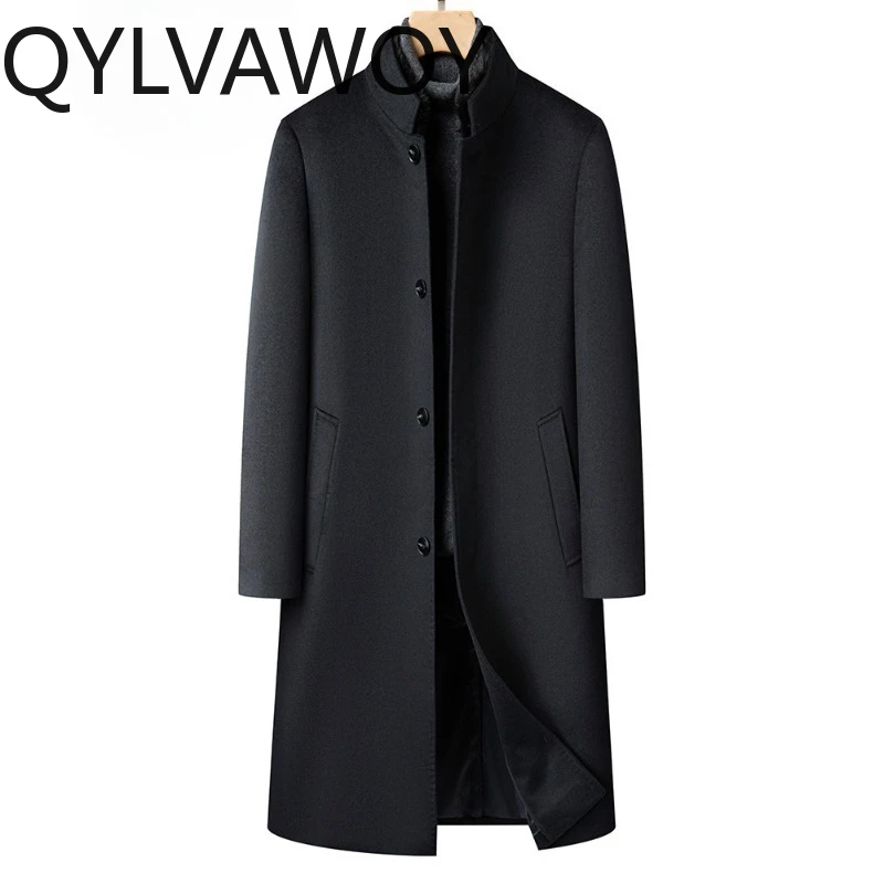 

QYLVAWOY Мужские зимние куртки из 90,2% овечьей шерсти, длинное шерстяное пальто со съемной подкладкой из гусиного пуха, утепленная теплая одежда для мужчин