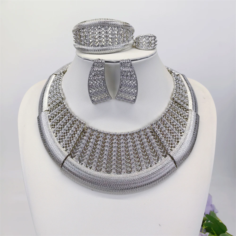ESALE Luxury 18K Silver Plated Jewelry Set Italy Dubai Necklace Earrings Bracelet Ring For Women Mother's Day Gift