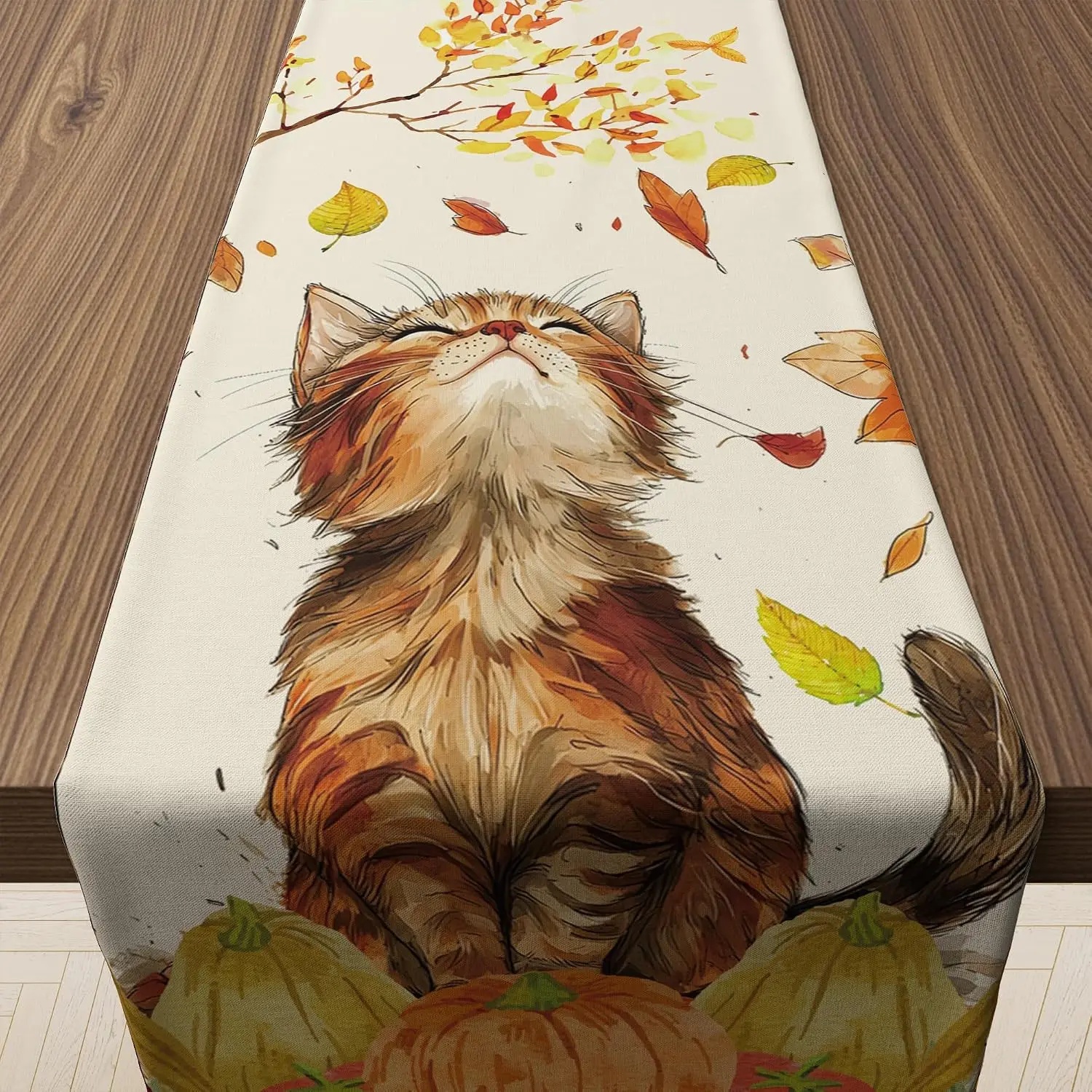 Cute Autumn Cat Pumpkin Table Runner, Thanksgiving Friendsgiving Centerpieces Backdrop, Indoor Outdoor Home Kitchen Dining Decor