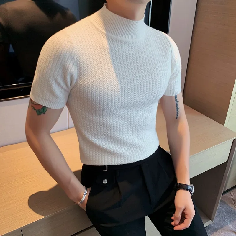 Men Short Sleeve Knitted Sweater 2024 Spring New Turtleneck Solid Color Casual Stretched Slim Fit Homme Pullovers Men's Clothing