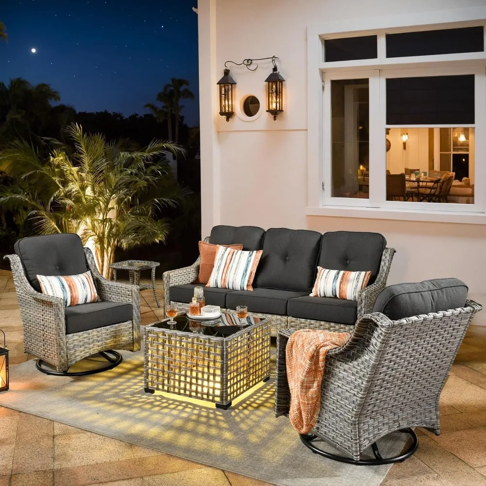 

Outdoor 5 Pieces Coversation Set with Swivel Rocking Chair, Patio Furniture High Back Couch with Glowing Coffee Table, Rattan Wi