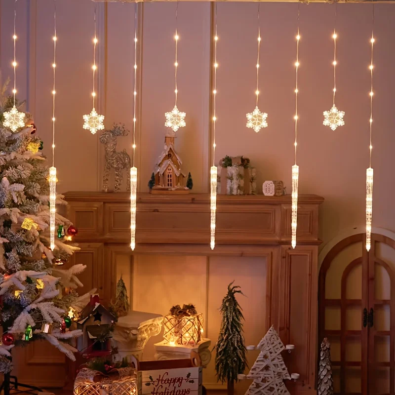 Cortina de luzes LED de floco de neve com sincelo de Natal para ambientes internos e externos, fonte USB + controle remoto, 8 modos de luz, fácil plug-and-play