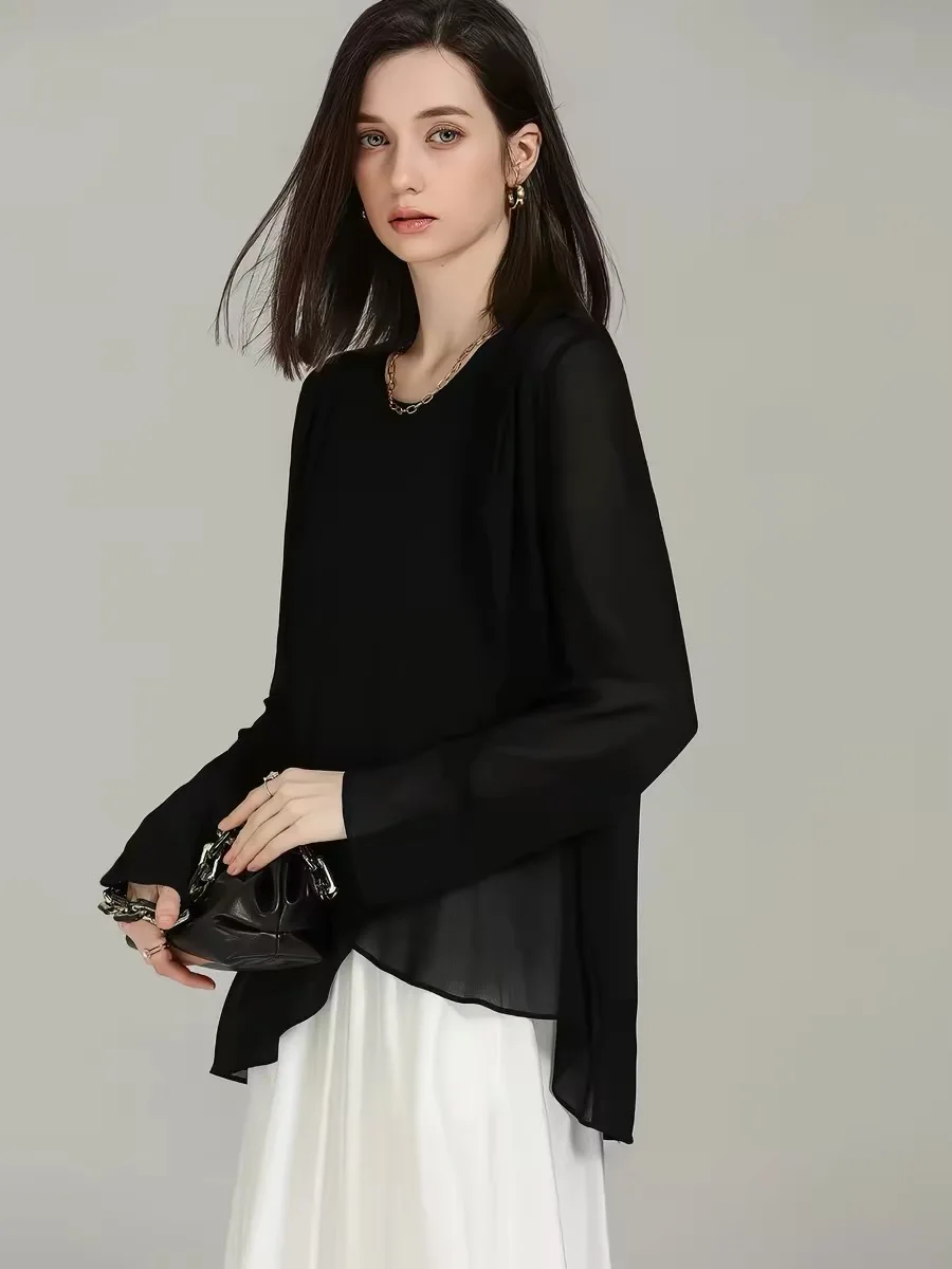 Camisa de chifón negra de talla grande, estilo coreano, elegante, asimétrica, ligera, para mujer, primavera, manga larga.
