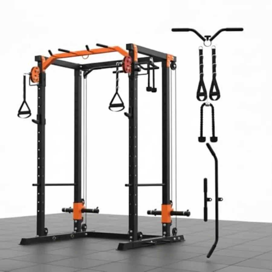 Power Cage All-in-1 Home Gym with LAT Pulldown Cable System 2000LBS Squat Rack for Home Garage rtment Use Workout Cage with Mor