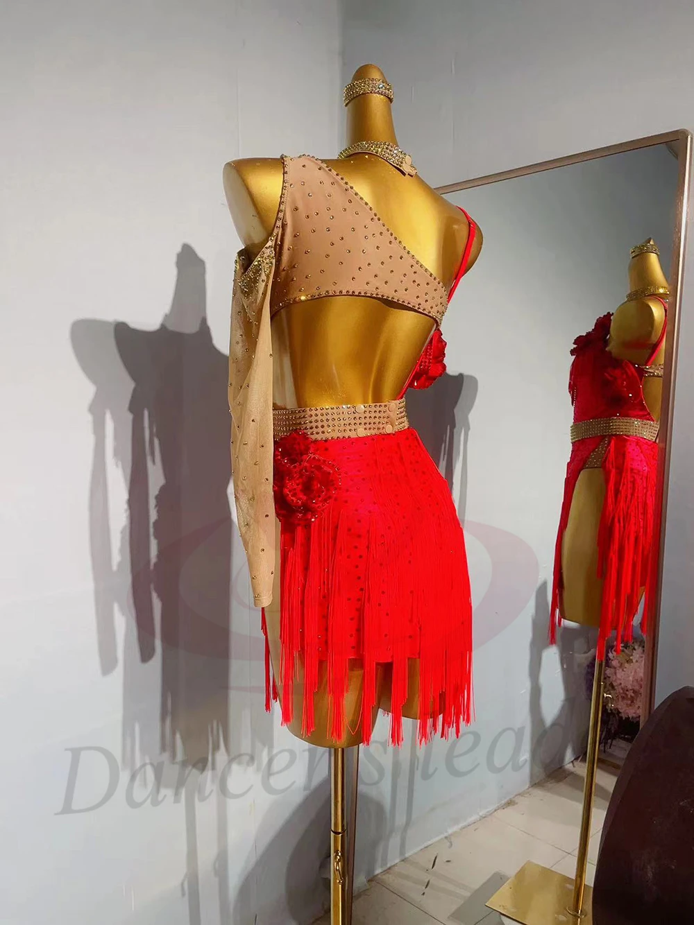 Vestido de dança latina para adultos e crianças, pedra ab, personalizado, flor vermelha, borla, preto, piscina, tango, vestido feminino