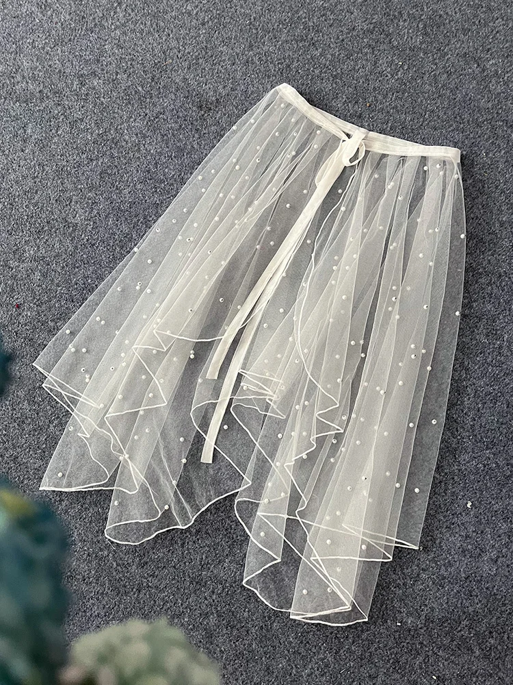 Sweet Lolita Asymmetrical Waist Curtain Sheer Mesh Cover up Skirt Women Summer See-through Sunscreen Beach Skirts White Black