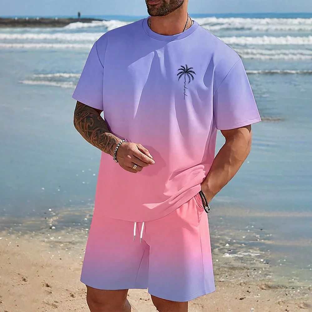 2024 Hawaii European 3D printed men\'s short sleeved fashionable T-shirt dopamine beach casual shorts set soft and comfortable