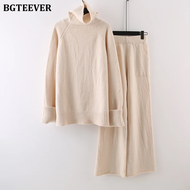 BGTEEVER Stylish Female 2 Pieces Sweater Set Long Sleeve Knitted Turtleneck Pullovers Women Wide Leg Trousers Autumn Winter