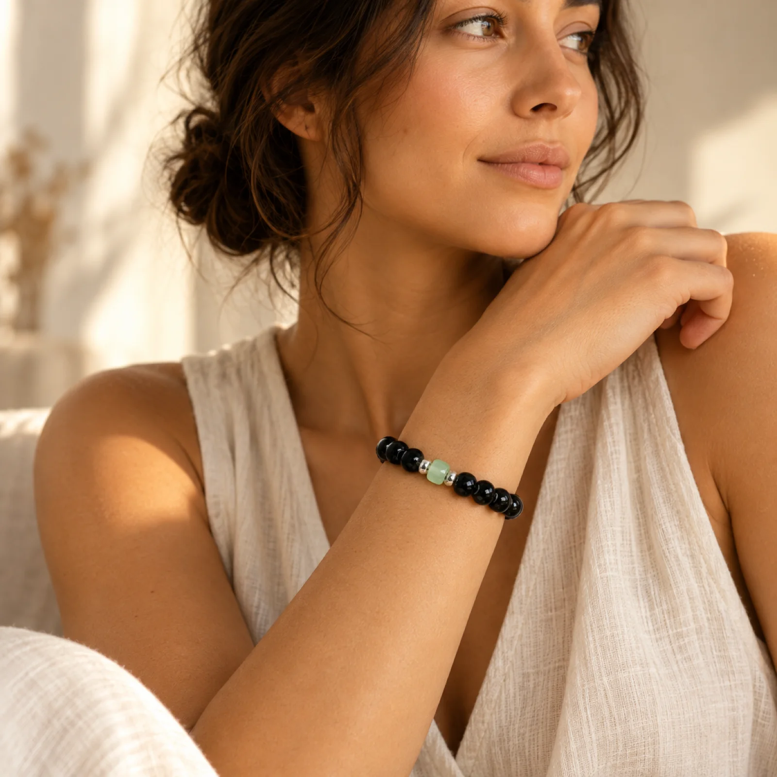Handmade Ceramic Bead Bracelet with Glass Accents and Metal Findings Black Jade Tone Braided Stretch Jewelry 609P1-20