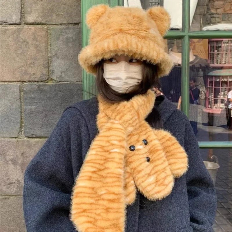 

Furry Tiger Stripes Cute Bucket Hat Bear Ear Leopard Print Fisherman Hat Scarf Neck Protector Windproof Warm Women's Accessories