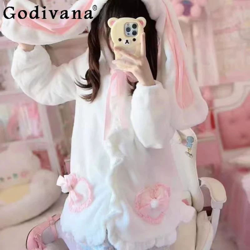 

Original Japanese Girls Sweet Lolita Y2k Faux Fur Jacket Autumn and Winter Women Cute Kawaii Rabbit Ears Soft Warm Fur Coat