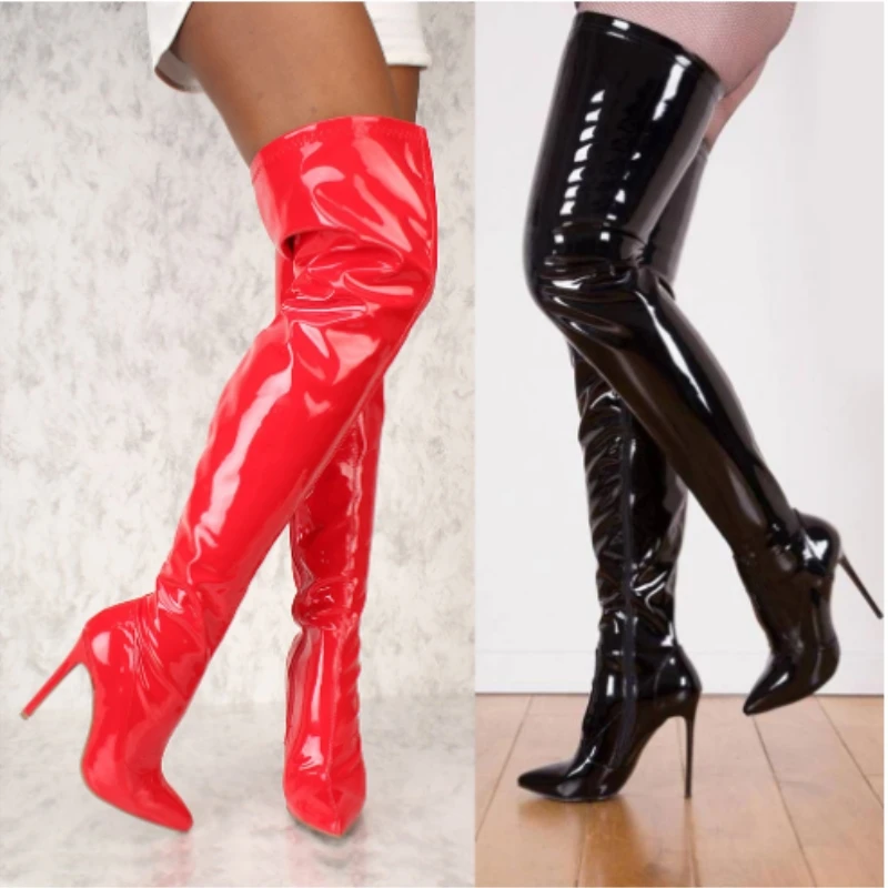 Elastic Thigh High Boots Women Red Thin Heels Over-the-knee Boot Sexy Zipper Nightclub Dance Ladies Long Latex Shoes Big Size 45