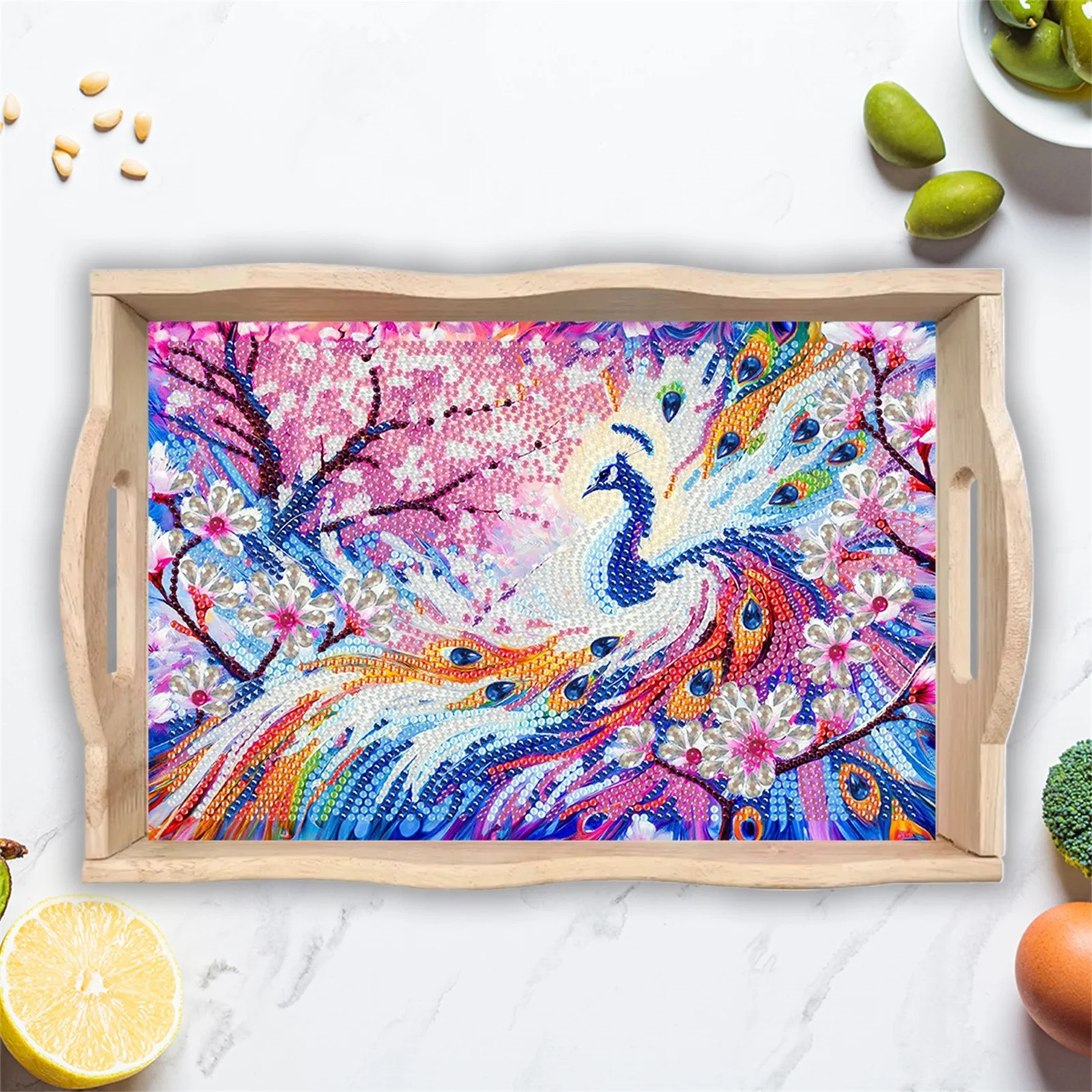 

Wooden Peach Blossom Peacock 5D DIY Diamond Painting Tray Art Craft with Handle