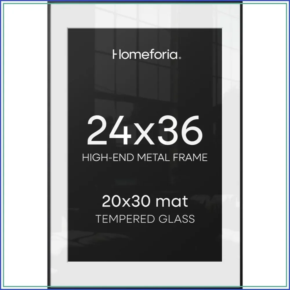 24x36 Black Metal Poster Frame, Tempered Glass, 20x30 Mat, Wall Mount