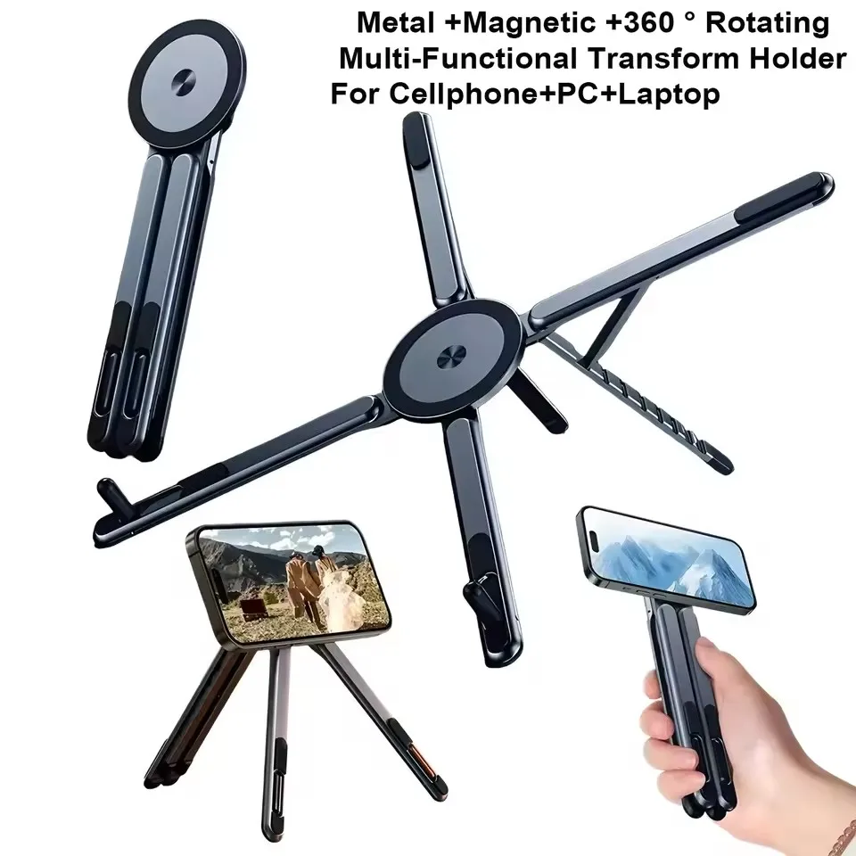 Portable Magnetic Phone Holder & Selfie Stick 3-in-1 Foldable Tripod Stand for iPhone iPad Tablet Laptop Desktop Use view 3