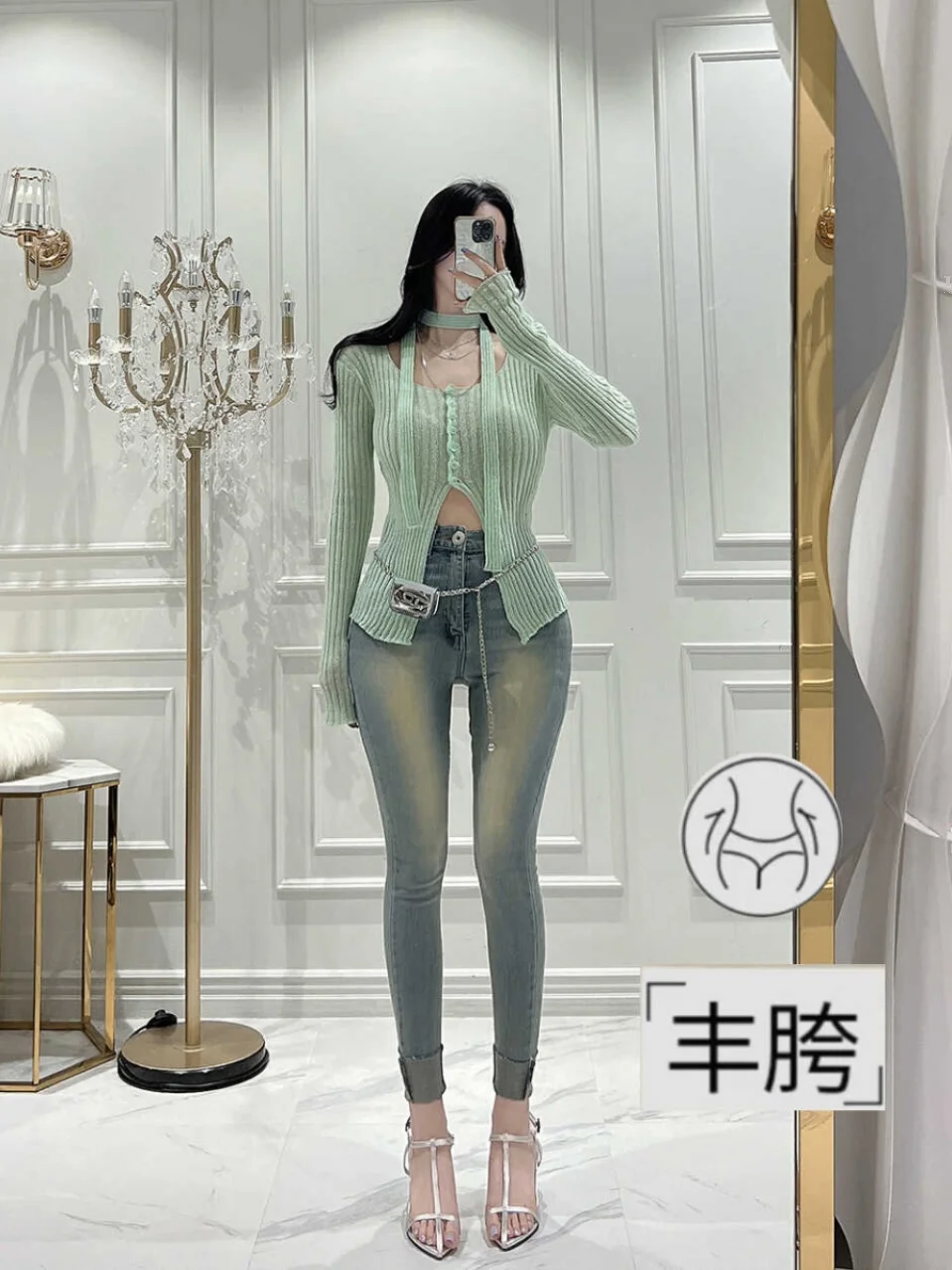 جينز نحيف بخصر مرتفع على الطراز الكوري، تصميم عتيق بطول تسعة أرباع، ضيق ومناسب للجسم، مصنوع من القطن المرن مع حشوة للورك #3