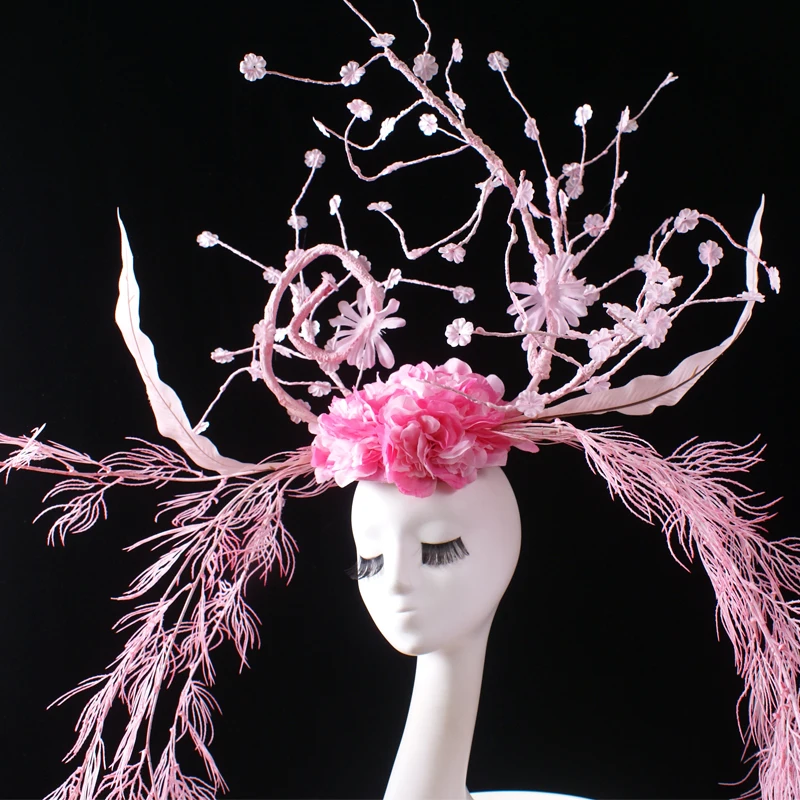 Headgear pink oversized exaggerated branches floral splicing fashion suitable for stage makeup adult model photo accessories 1Pc