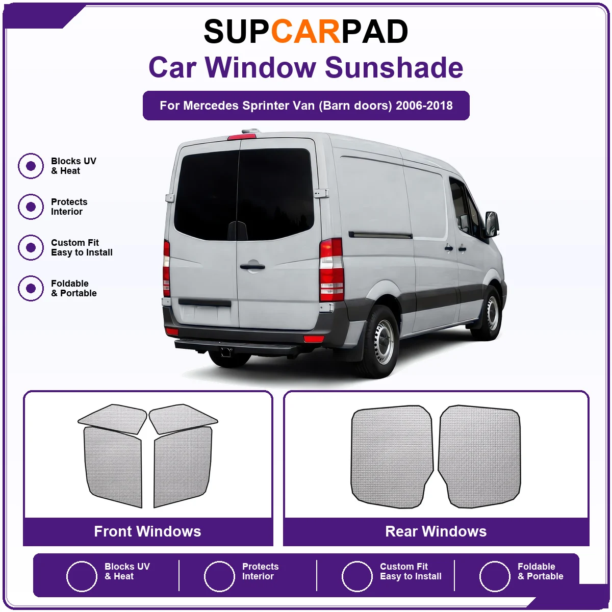 For Mercedes Sprinter Van (Barn doors) 2006-2018 Pre‑Cut Auto Window Sunshade Anti‑UV Car Sun Visor Protector