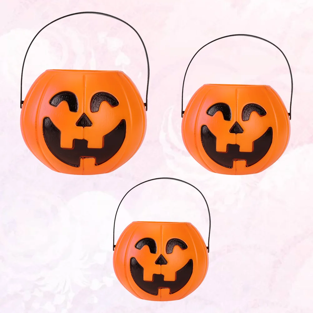 3pcs Orange Smiling Pumpkin Barrel Halloween Handheld Orange Candy Bucket Portable Pumpkin Shape Bucket Props Layout Ornaments f